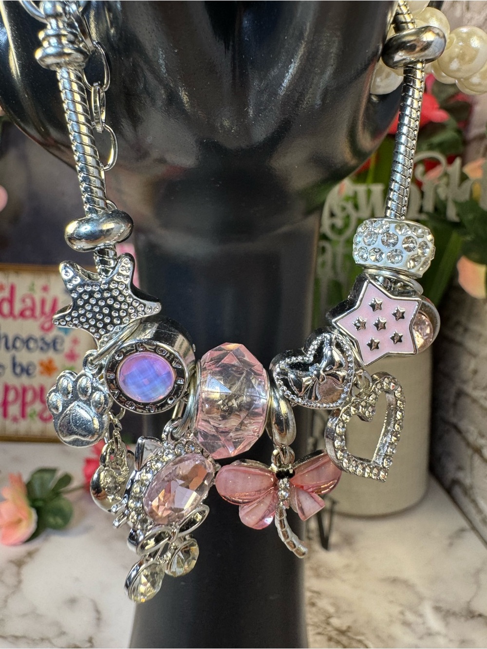 Pink Dragonfly & Heart Charm Bracelet - Women Jewelry